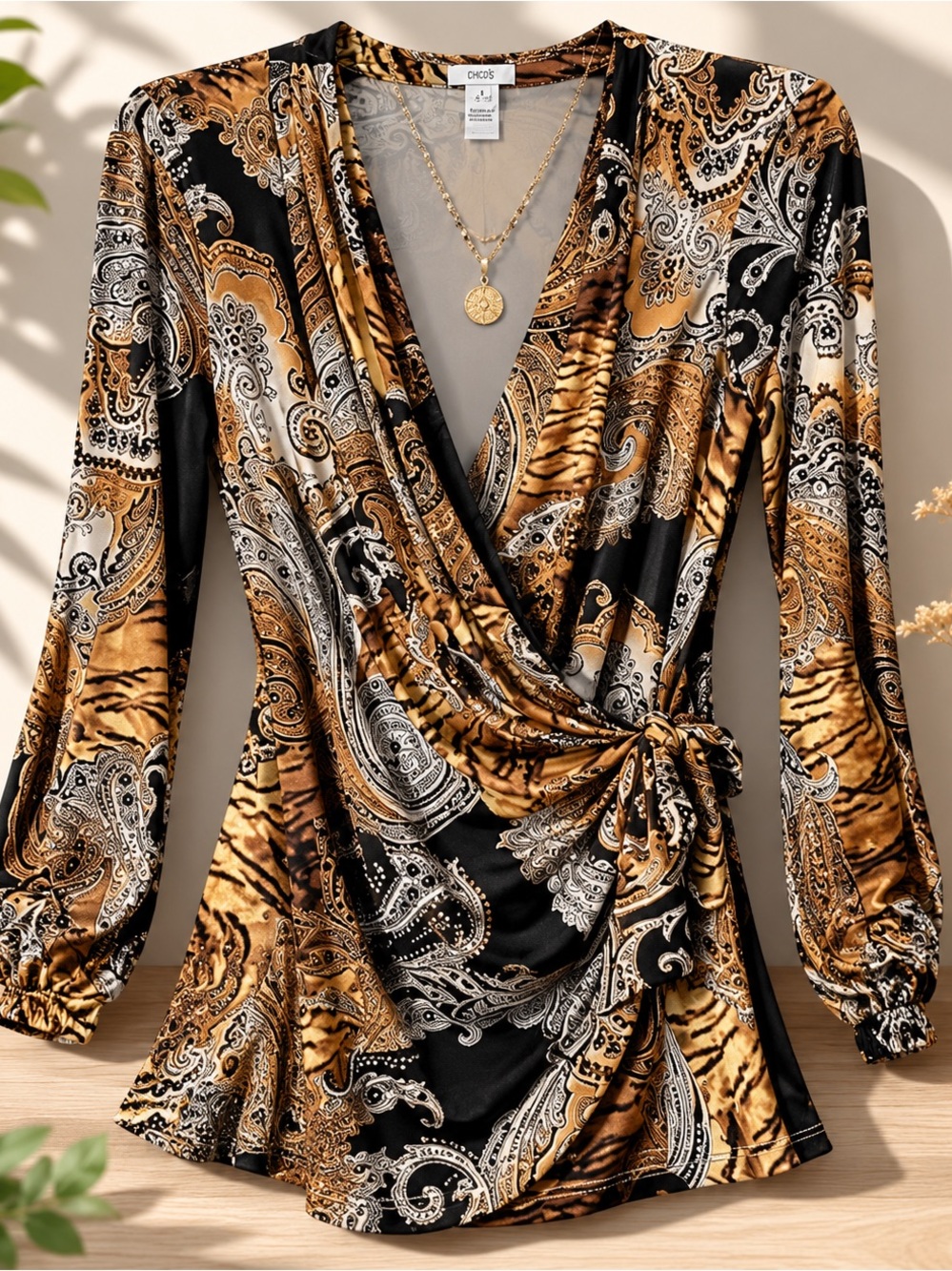 Cache wrap blouse paisley animal print size medium brown gold